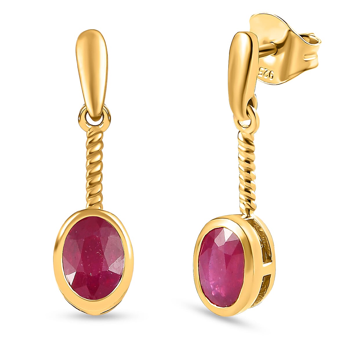 African Ruby Solitaire Earrings in 18K Yellow Gold Vermeil Plated Sterling Silver 2.50 Ct.