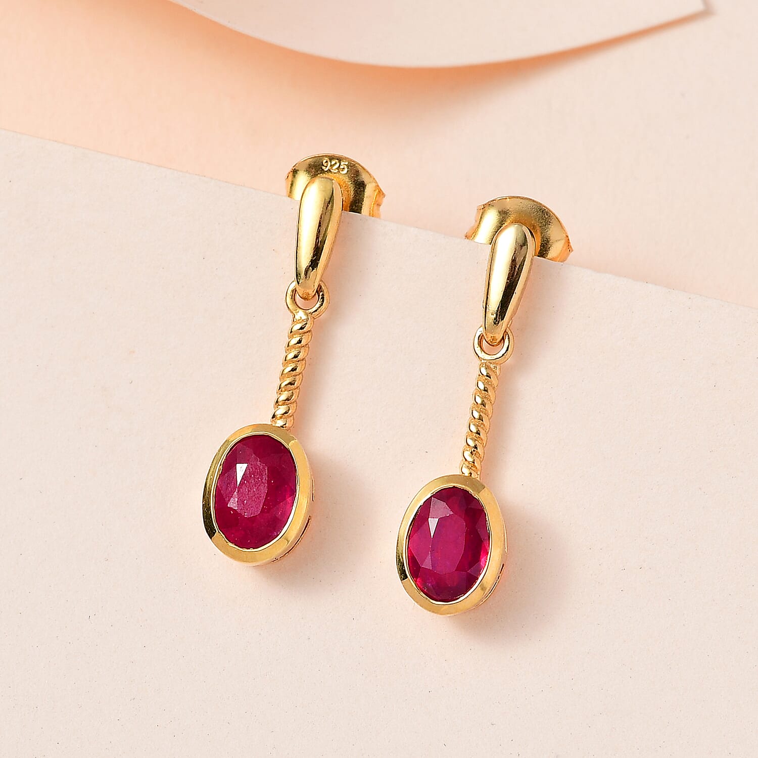 African Ruby Solitaire Earrings in 18K Yellow Gold Vermeil Plated Sterling Silver 2.50 Ct.