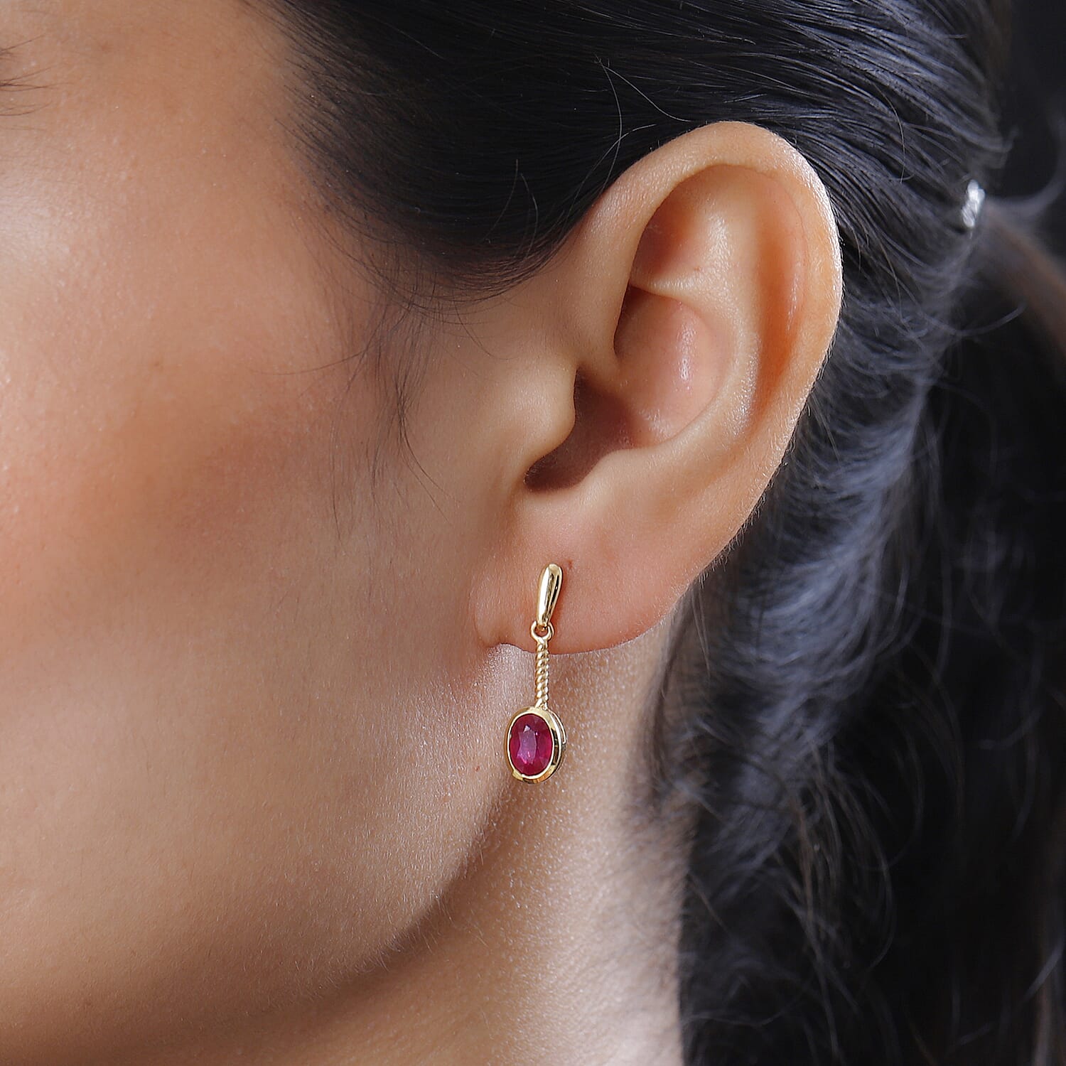 African Ruby Solitaire Earrings in 18K Yellow Gold Vermeil Plated Sterling Silver 2.50 Ct.
