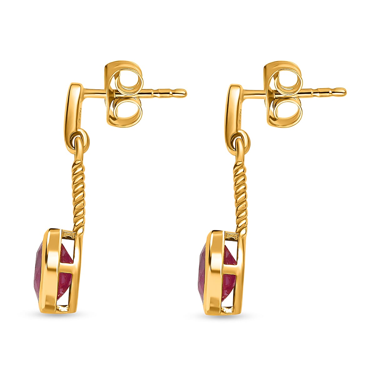 African Ruby Solitaire Earrings in 18K Yellow Gold Vermeil Plated Sterling Silver 2.50 Ct.
