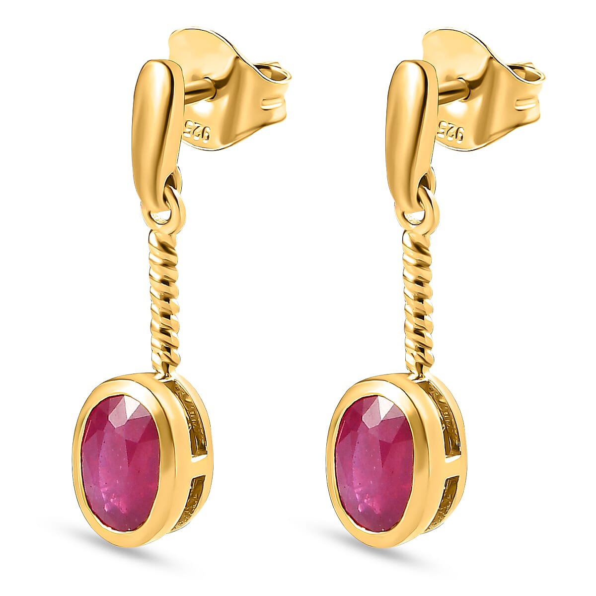 African Ruby Solitaire Earrings in 18K Yellow Gold Vermeil Plated Sterling Silver 2.50 Ct.