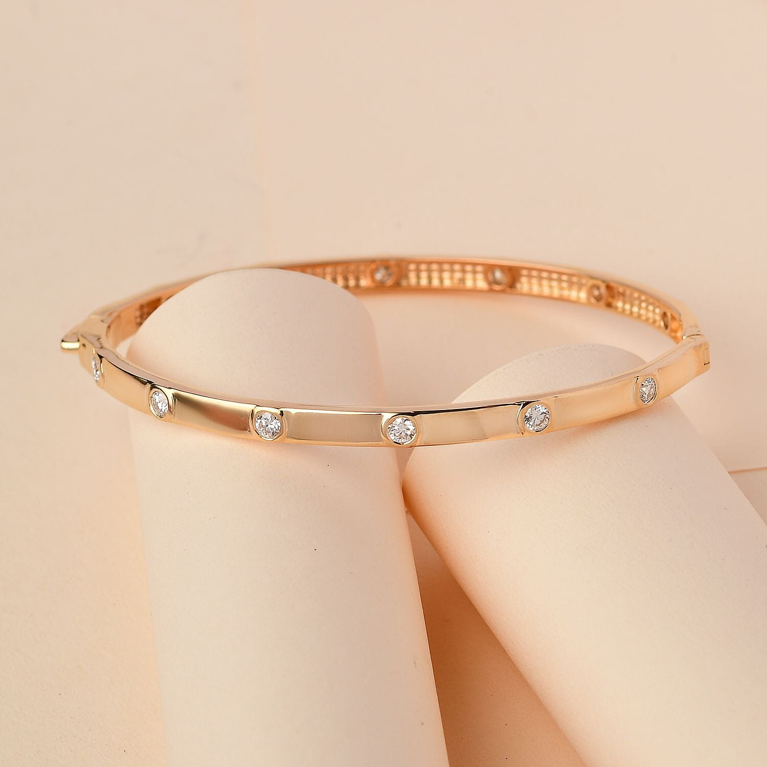 Moissanite Bangle (Size - 7.5) in 18K Yellow Gold Vermeil Plated Sterling Silver 1.20 Ct, Silver Wt. 12.86 Gms