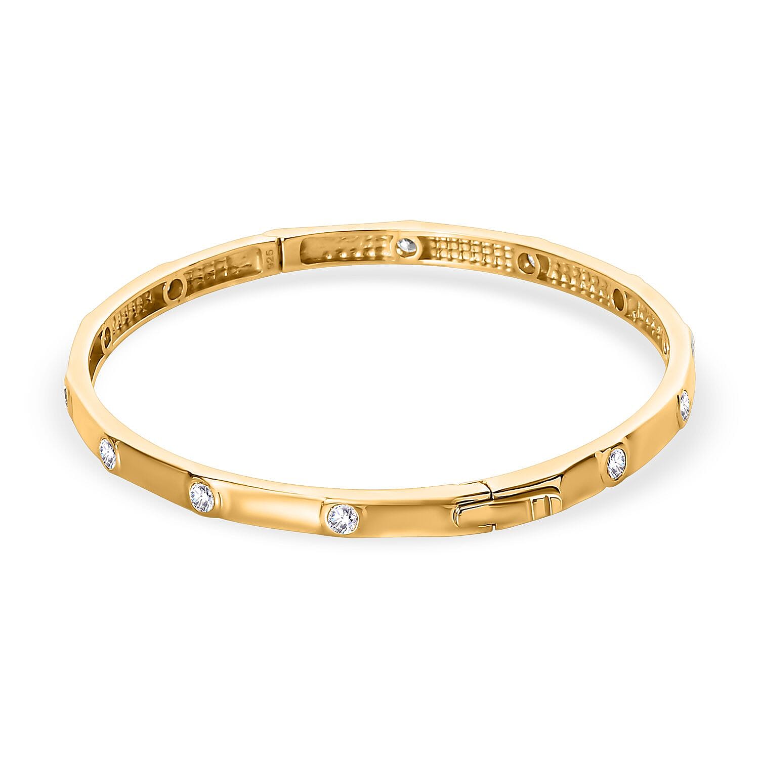 Moissanite Bangle (Size - 7.5) in 18K Yellow Gold Vermeil Plated Sterling Silver 1.20 Ct, Silver Wt. 12.86 Gms