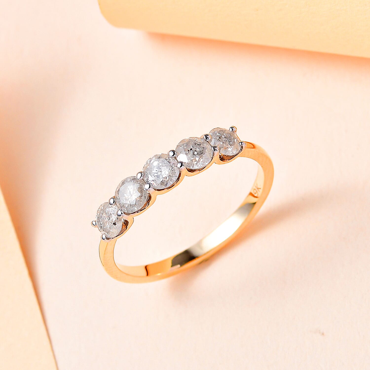 One Time Close Out Deal- 9K Yellow Gold SGL Certified Diamond (G-H) 5 Stone Ring 1.00 Ct