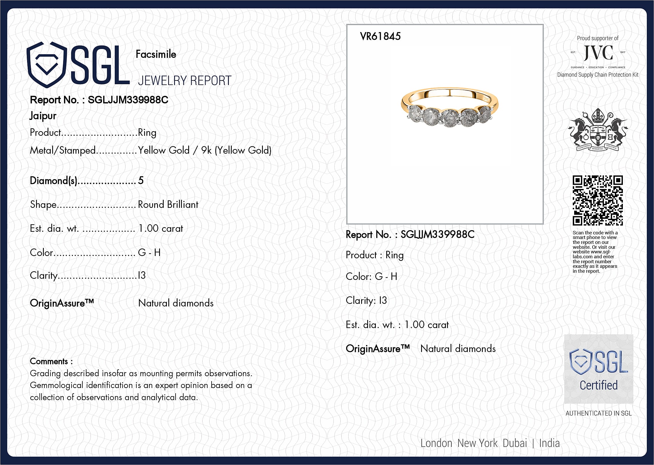 One Time Close Out Deal- 9K Yellow Gold SGL Certified Diamond (G-H) 5 Stone Ring 1.00 Ct