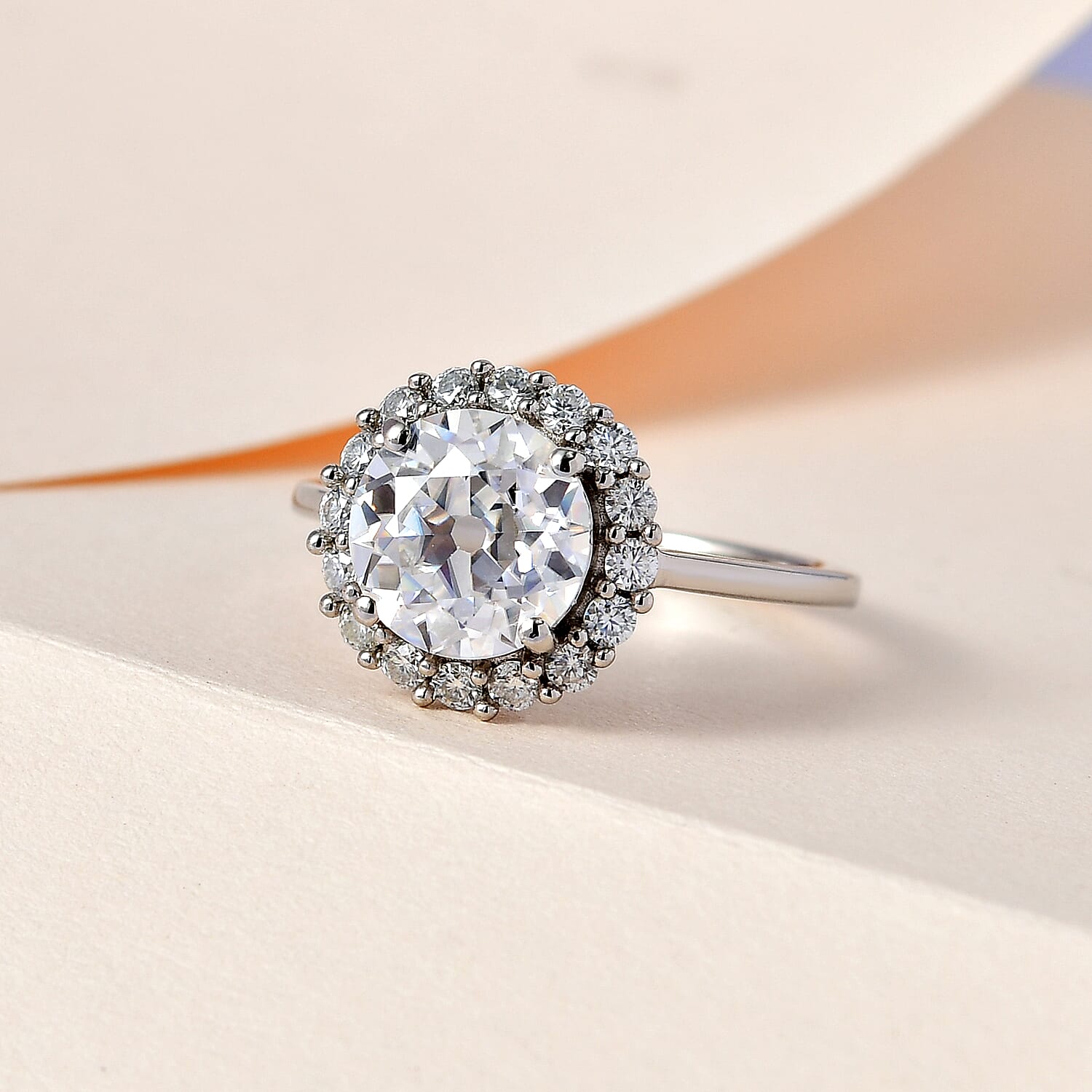 European Cut Moissanite Ring in Platinum Overlay Sterling Silver 2.46 Ct.