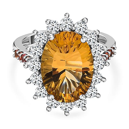 Citrine, Orange Sapphire and Natural Zircon Ring in Platinum Overlay Sterling Silver 7.26 Ct.