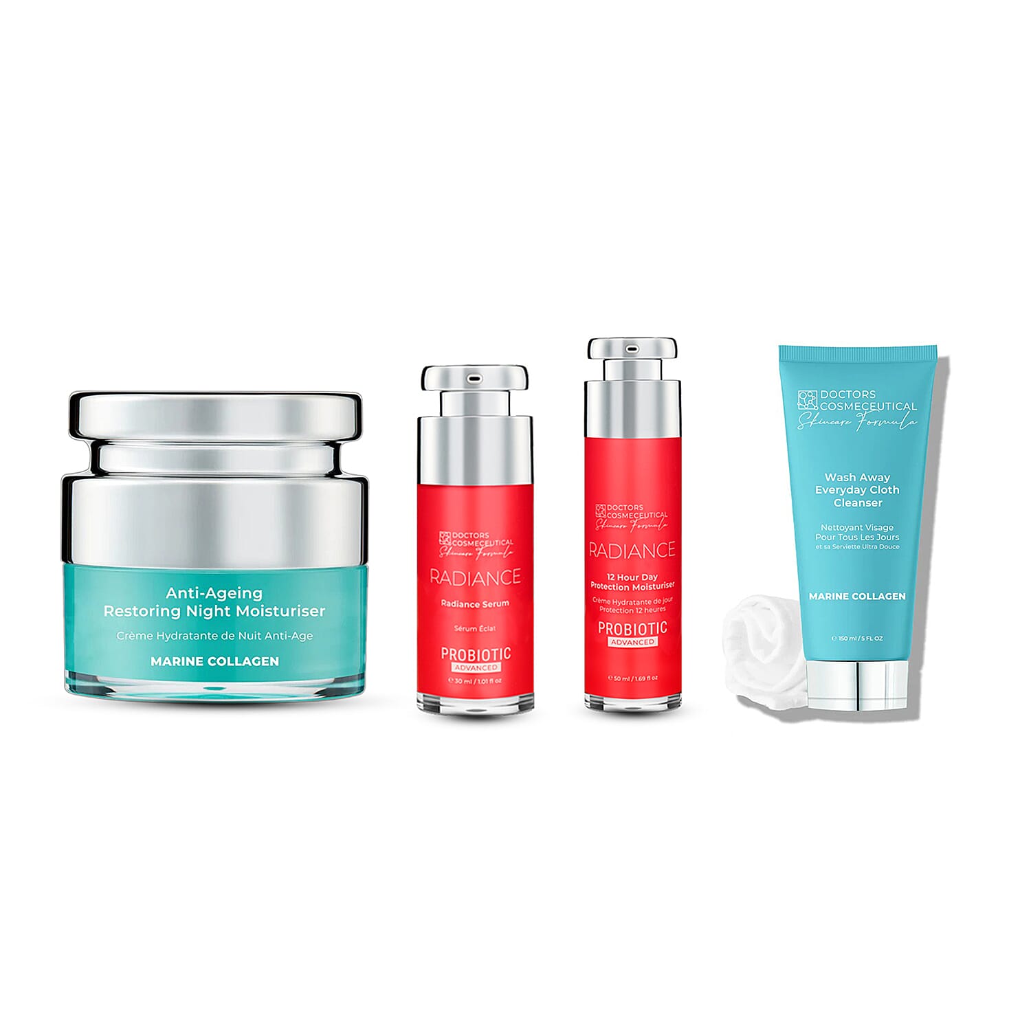 Doctors Formula Treat Yourself with Royalty Bundle (Incl.Marine Collagen Cleanser with Muslin Cloth,Night Moisturiser , Pro Adv Radiance Serum & 12hr Day Moisturiser )
