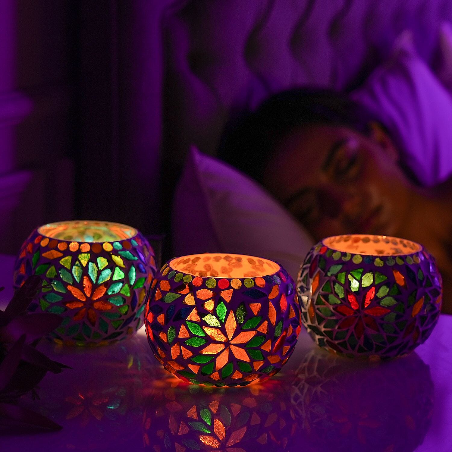 Set of 3 Mosaic T Light holder (Size - 10(Dia.)x9 cm) - Multi