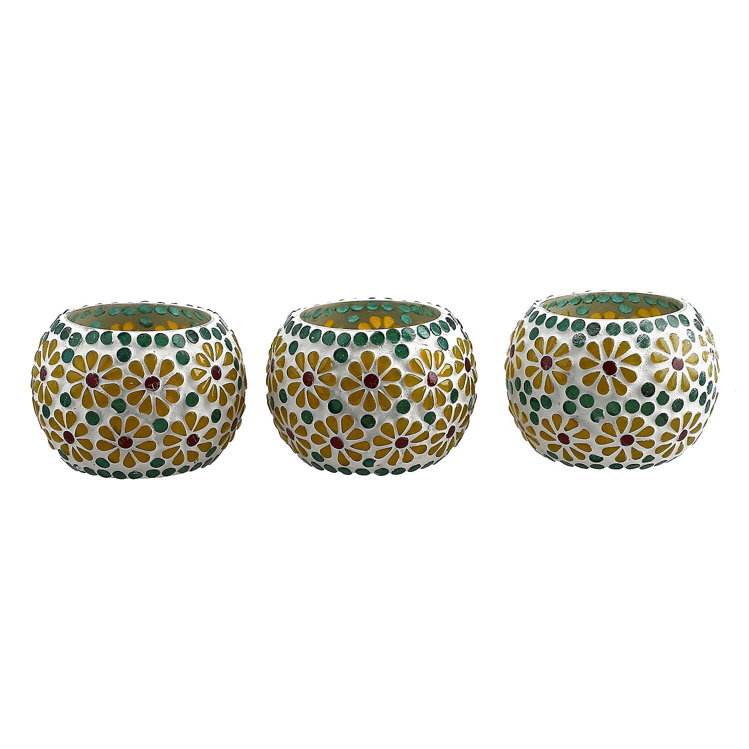 Set of 3 Mosaic T Light holder (Size - 10(Dia.)x9 Cm) - Yellow