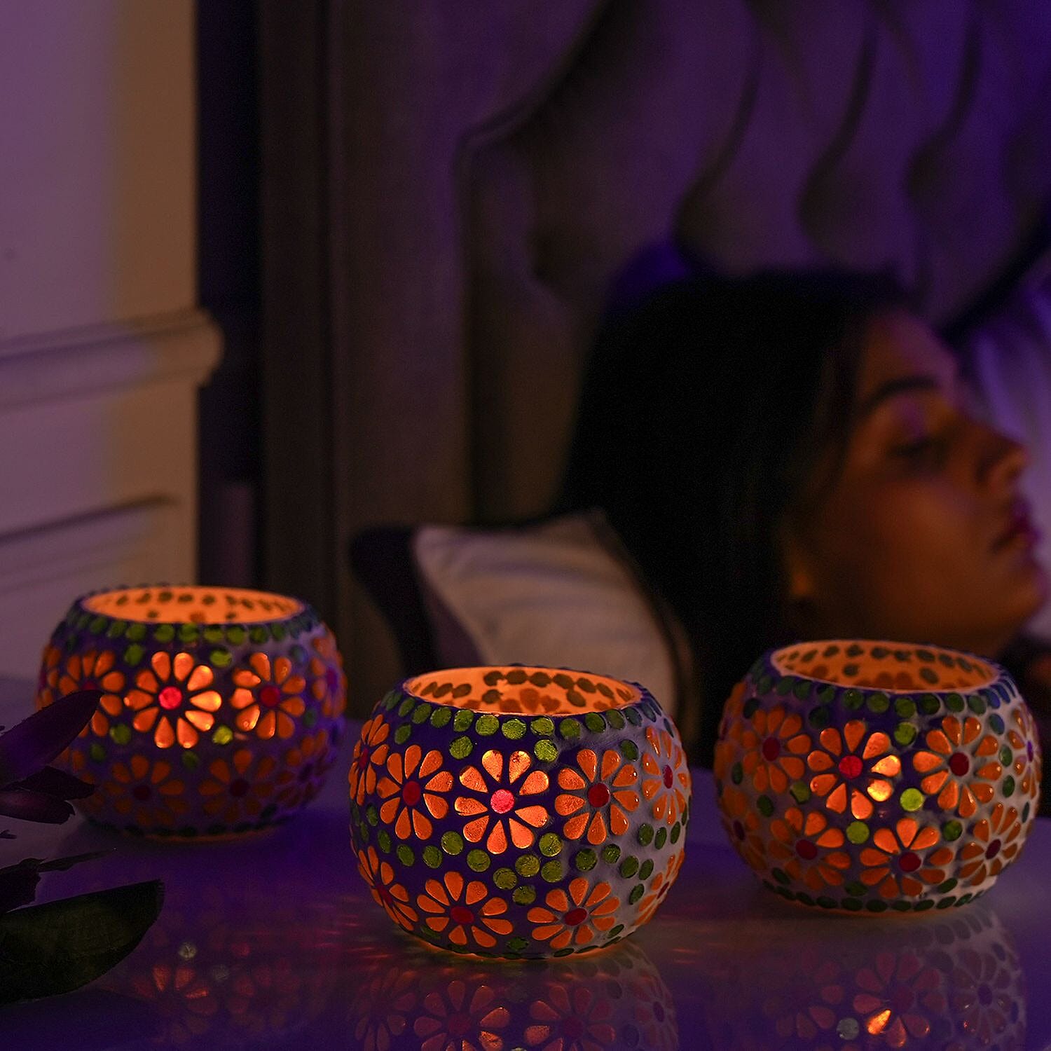 Set of 3 Mosaic T Light holder (Size - 10(Dia.)x9 Cm) - Yellow