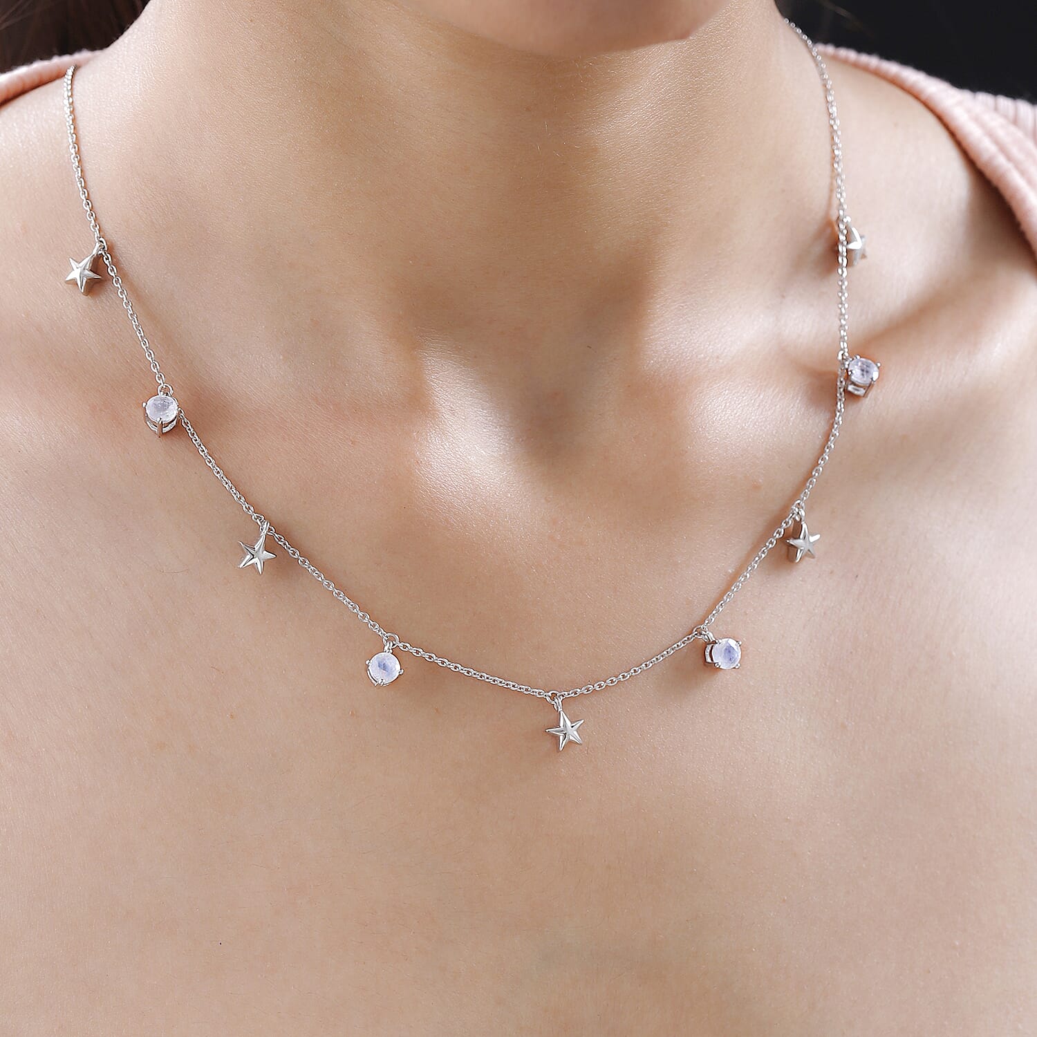 Moon Glow Stone Necklace (Size - 20) in Platinum Overlay Sterling Silver 2.01 Ct. Silver Wt. 5.28 Gms