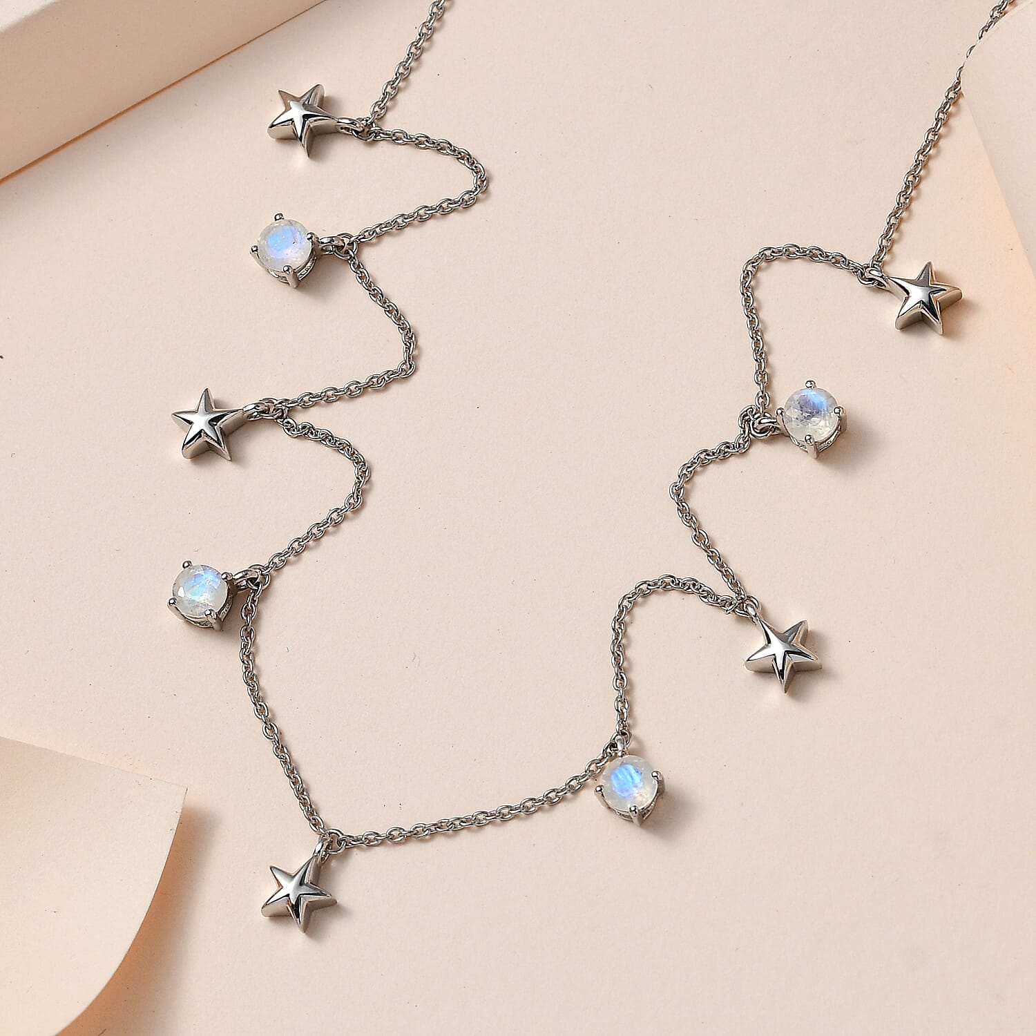 Moon Glow Stone Necklace (Size - 20) in Platinum Overlay Sterling Silver 2.01 Ct. Silver Wt. 5.28 Gms