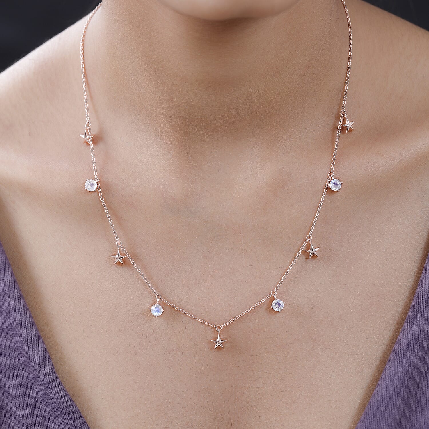 Premium Rainbow Moonstone Necklace (Size - 20) in 18K Rose Gold Vermeil Plated Sterling Silver 2.01 Ct, Silver Wt. 5.23 Gms