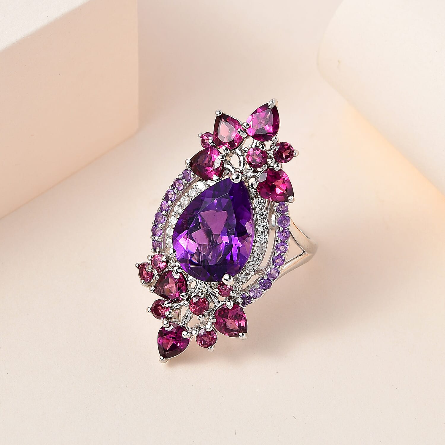 Amethyst, Rhodolite Garnet and Natural Zircon Ring in Platinum Overlay Sterling Silver 8.57 Ct