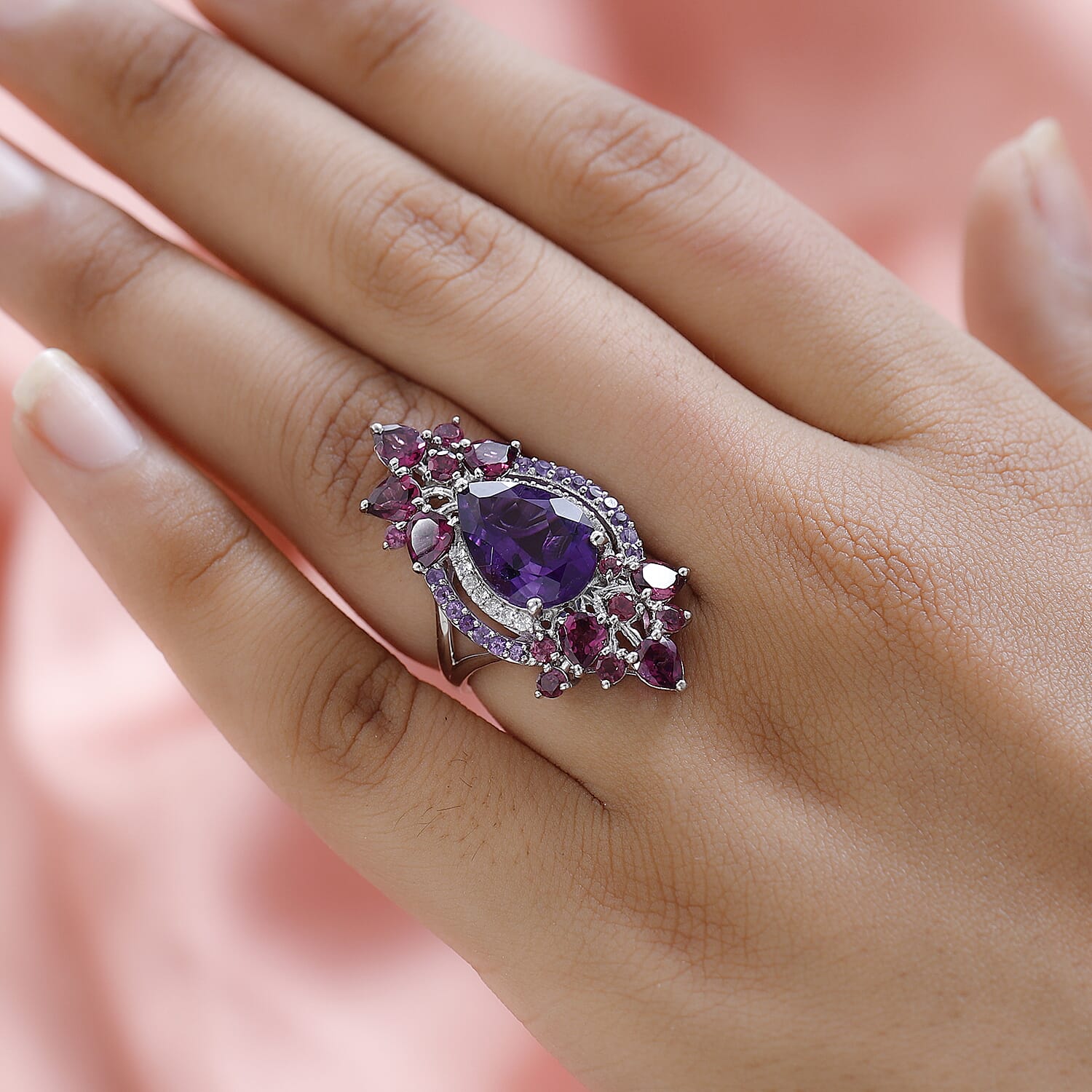 Amethyst, Rhodolite Garnet and Natural Zircon Ring in Platinum Overlay Sterling Silver 8.57 Ct