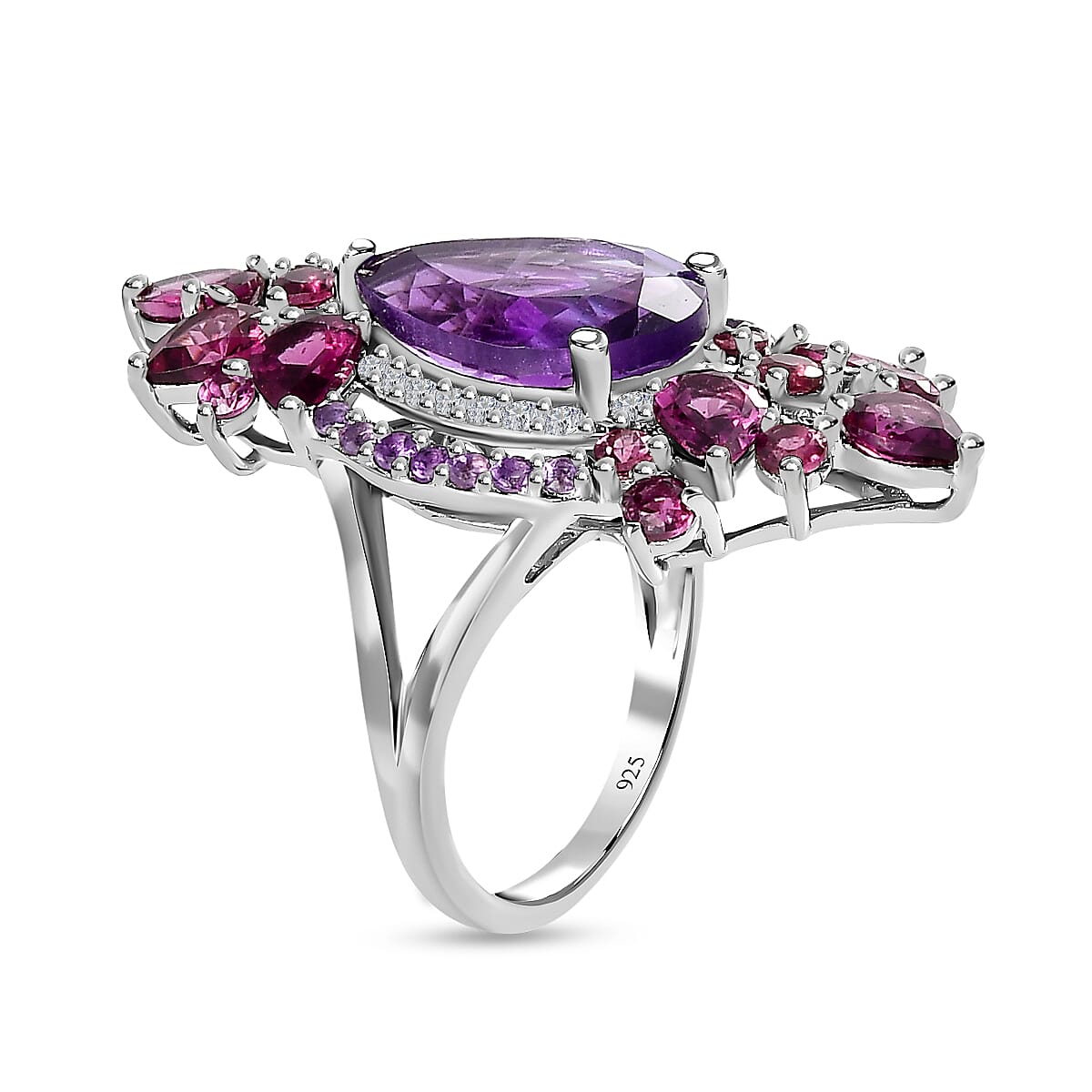Amethyst, Rhodolite Garnet and Natural Zircon Ring in Platinum Overlay Sterling Silver 8.57 Ct