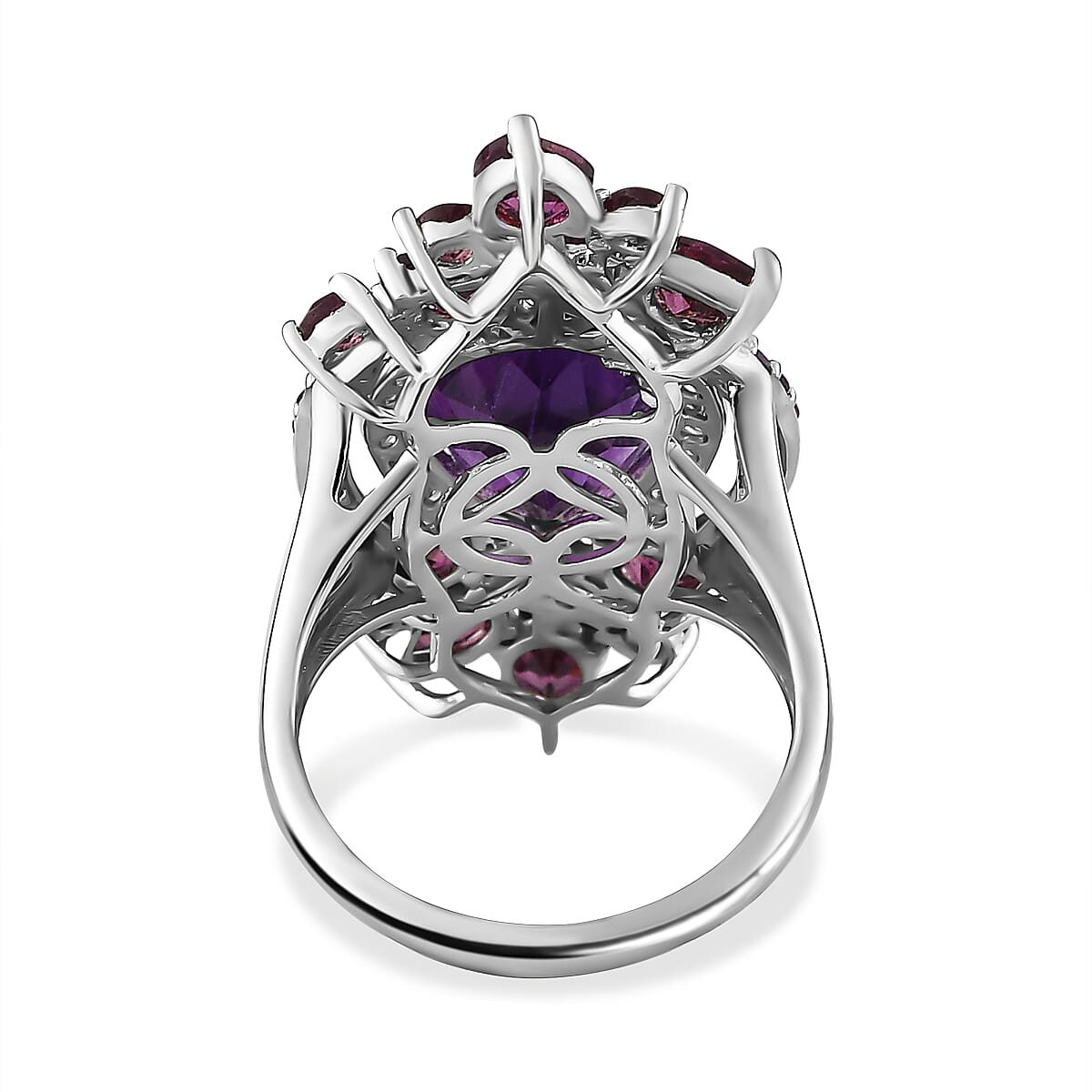 Amethyst, Rhodolite Garnet and Natural Zircon Ring in Platinum Overlay Sterling Silver 8.57 Ct