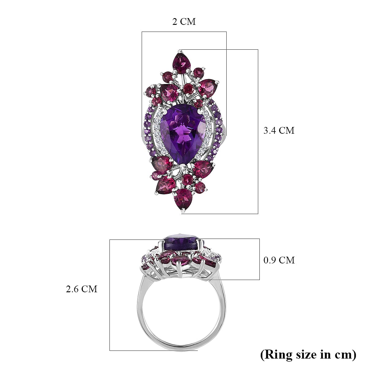Amethyst, Rhodolite Garnet and Natural Zircon Ring in Platinum Overlay Sterling Silver 8.57 Ct