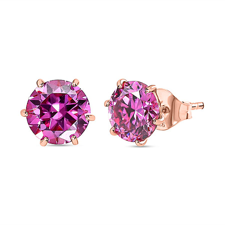 Pink Moissanite Stud Solitaire Earrings in 18K Vermeil Rose Gold Plated Sterling Silver 3.80 Ct