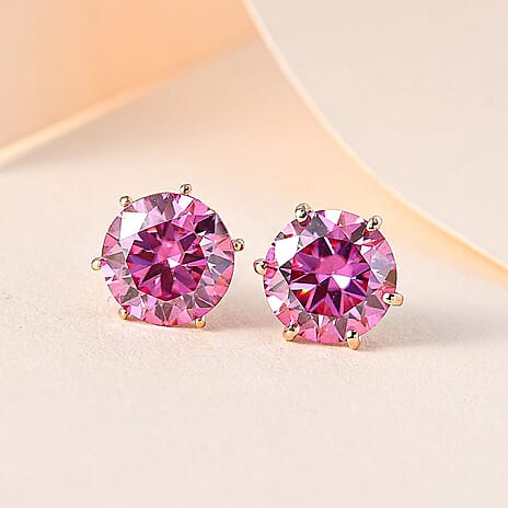 Pink Moissanite Stud Solitaire Earrings With Push Back in 18K Vermeil Rose Gold Plated Sterling Silver 3.61 Ct.