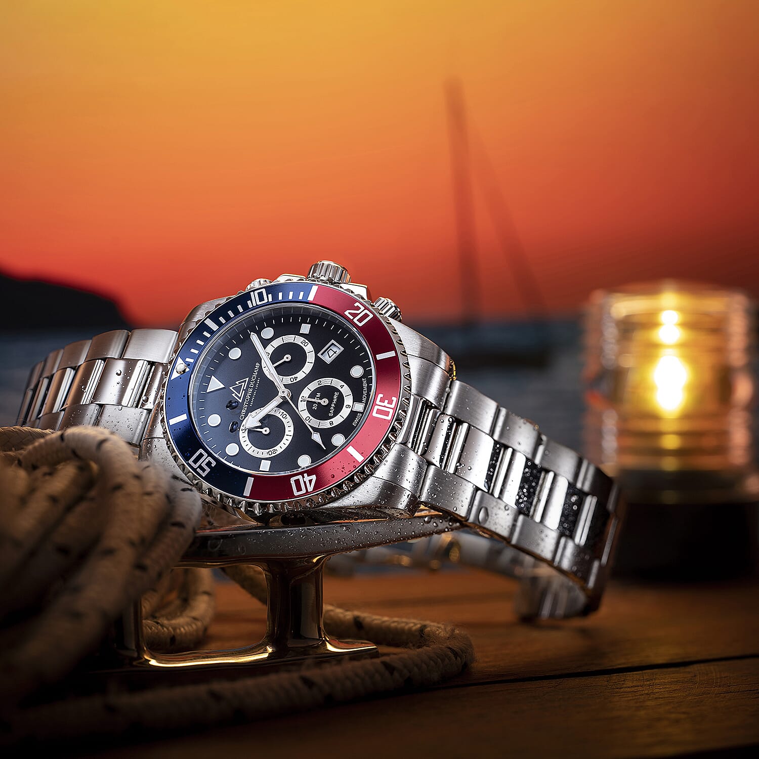 One Time Deal - Christophe Duchamp Marine Chrono Swiss Movt. Sapphire Crystal Glass - 200m Water Resistant Watch - 179g -  with 44mm Dia  - Blue Red
