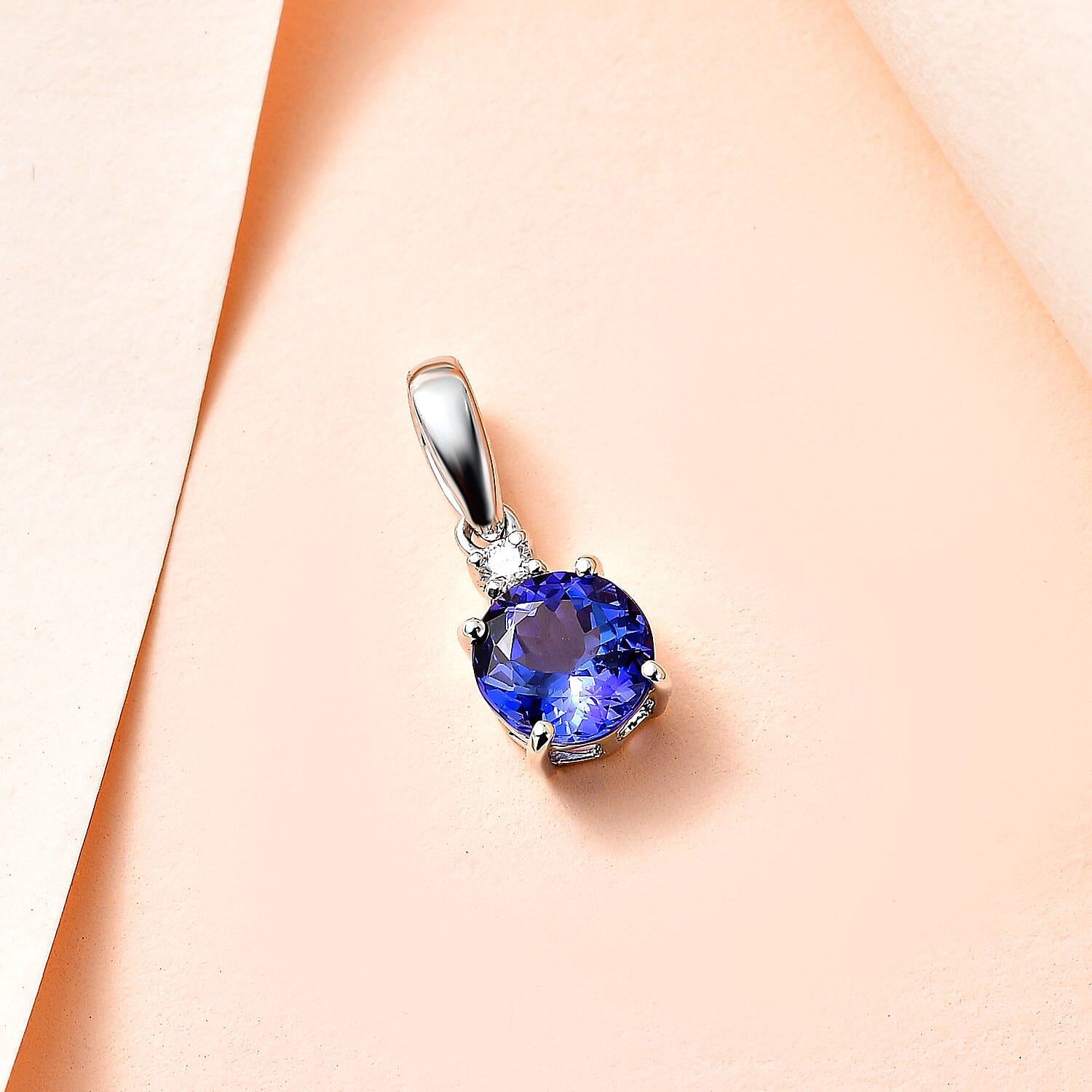 9K White Gold Tanzanite, Moissanite Solitaire Pendant 1.23 Ct.