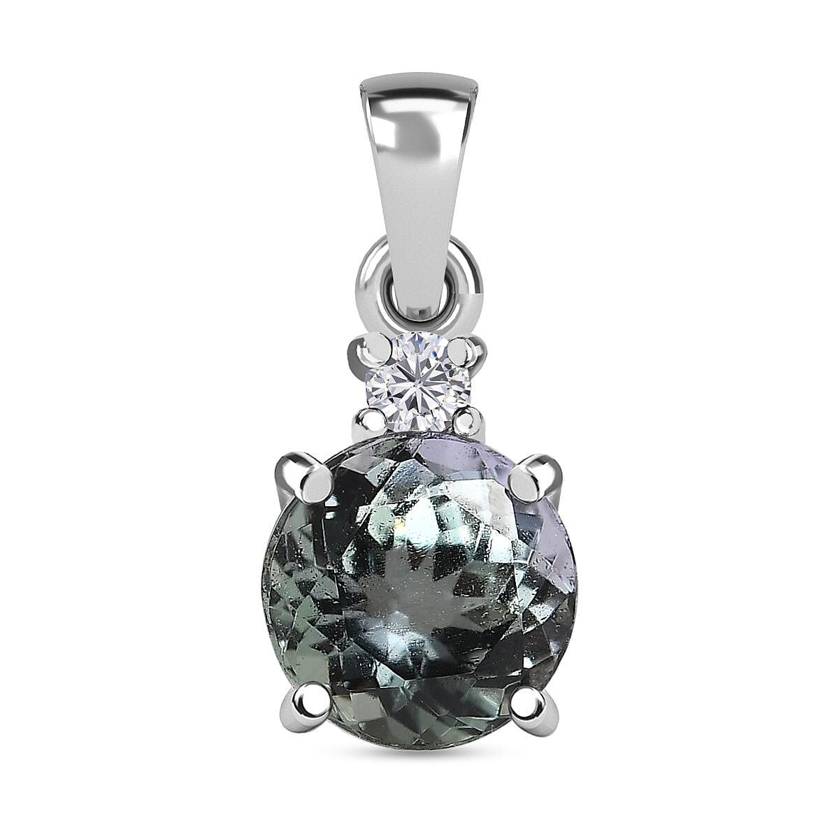 9K White Gold Green Tanzanite, Moissanite Solitaire Pendant 1.04 Ct.