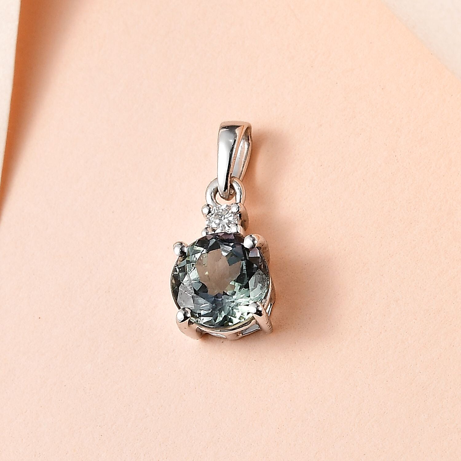9K White Gold Green Tanzanite, Moissanite Solitaire Pendant 1.04 Ct.