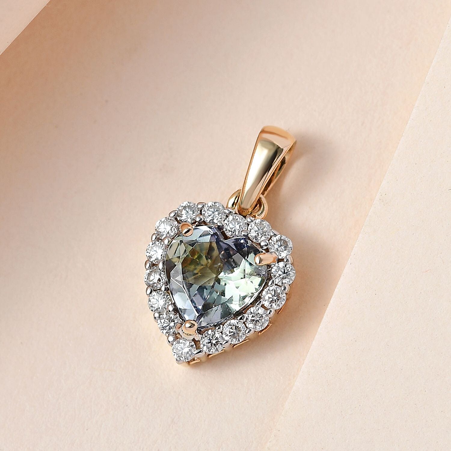 9K Yellow Gold Green Tanzanite and Moissanite Heart Pendant 1.51 Ct.