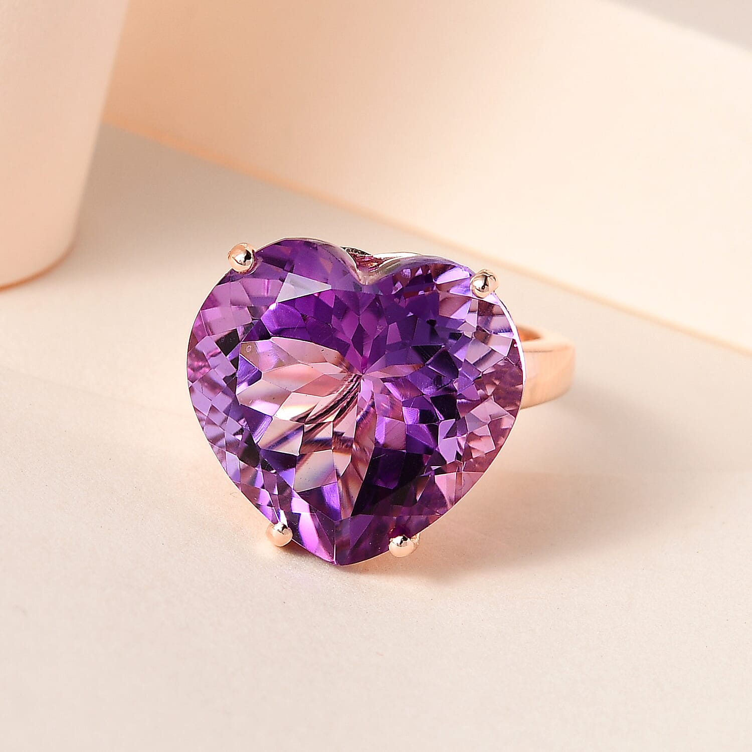 Ultimate Rose De France Amethyst Solitaire Ring 18K Rose Gold Vermeil Plated Sterling Silver 20.31 Ct,