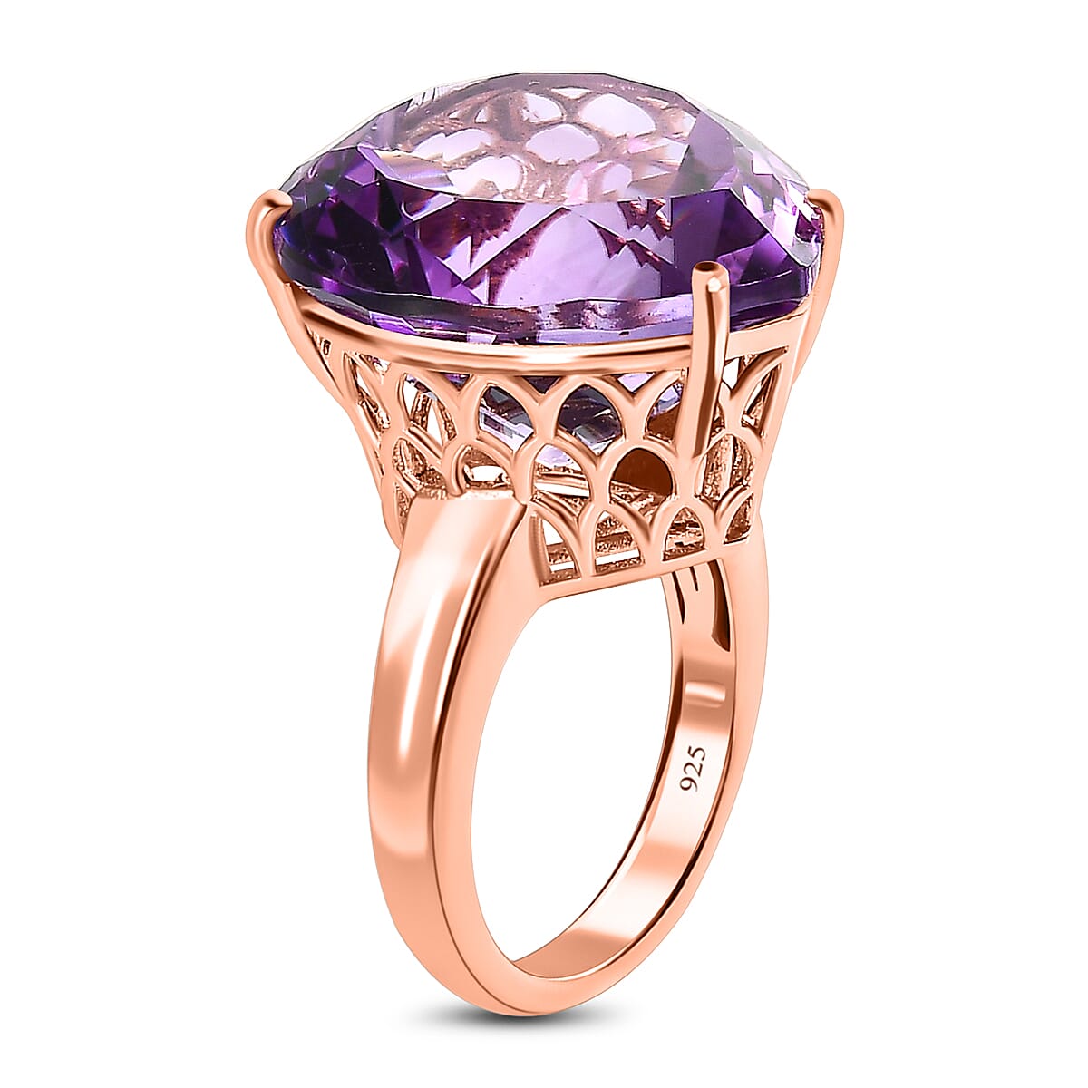 Ultimate Rose De France Amethyst Solitaire Ring 18K Rose Gold Vermeil Plated Sterling Silver 20.31 Ct,
