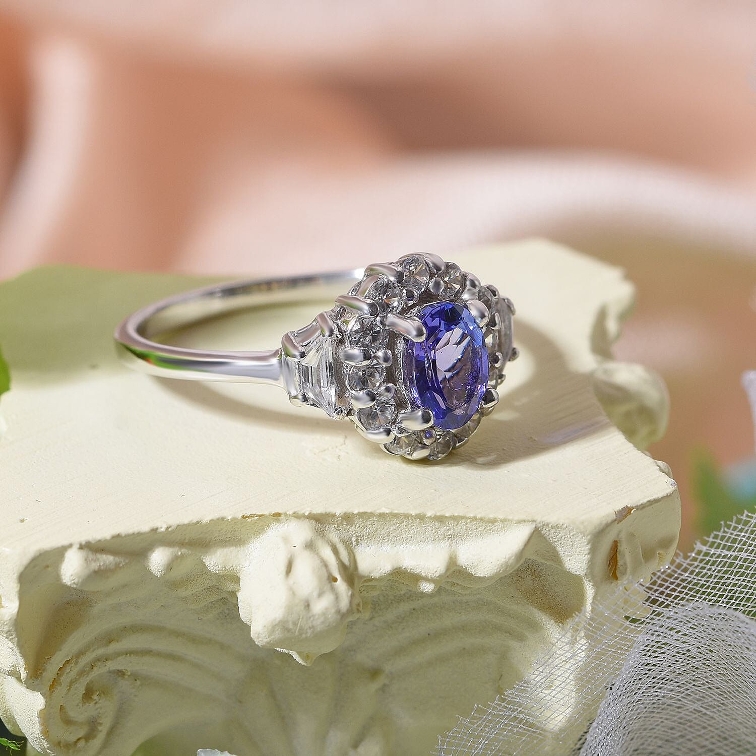 Tanzanite & Natural Zircon Ring in Rhodium Overlay Sterling Silver 1.00 Ct.