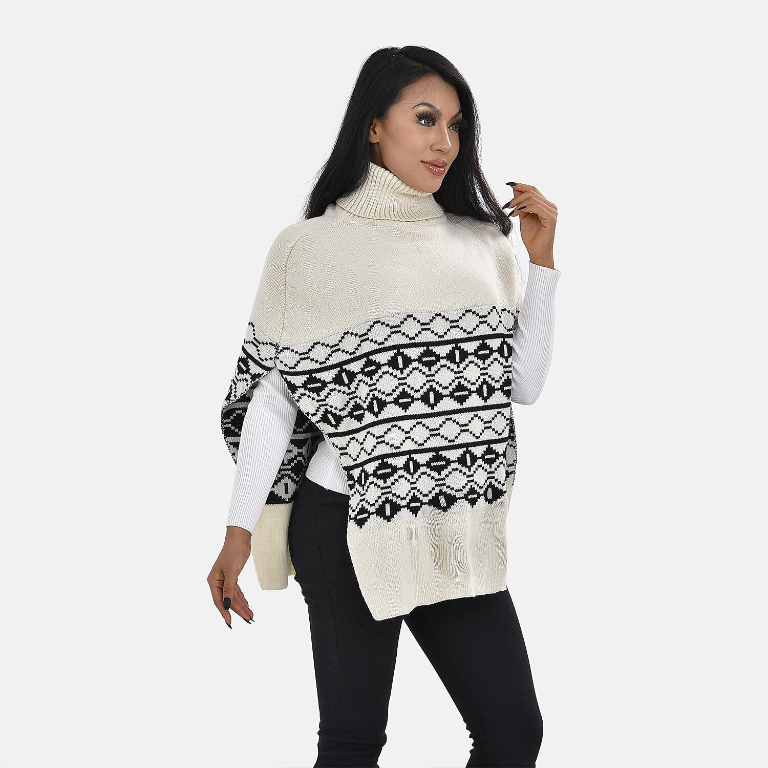 Woven Pattern Roll Neck Tabard Sleeveless Jumper - One Size (8-18) - Black & White