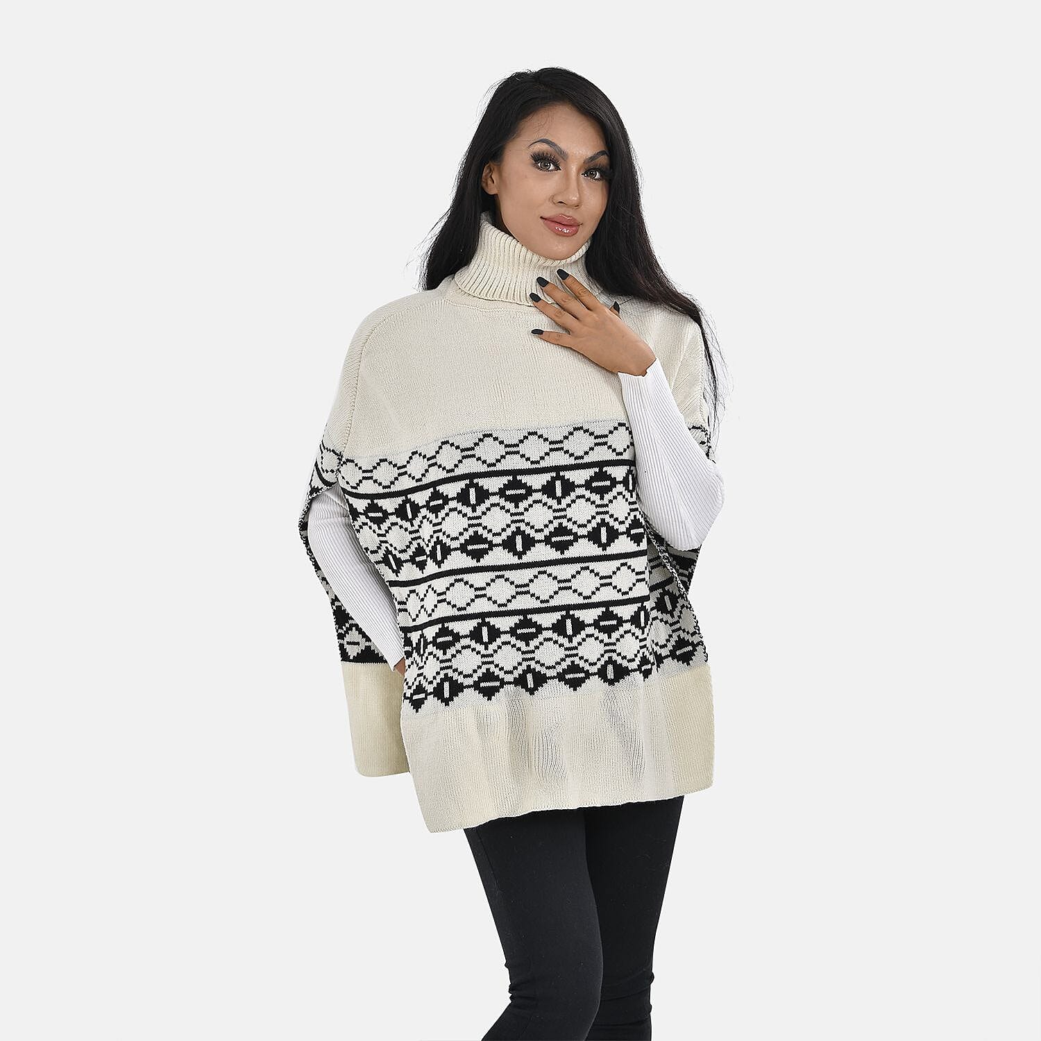 Woven Pattern Roll Neck Tabard Sleeveless Jumper - One Size (8-18) - Black & White