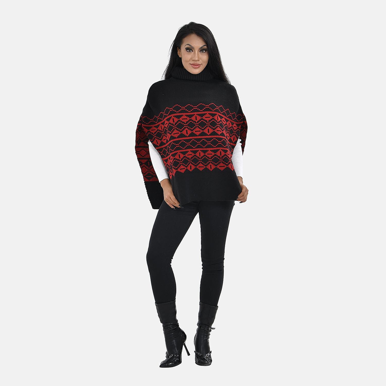 Woven Pattern Roll Neck Sleeveless Jumper (One Size,8-18) - Red & Black