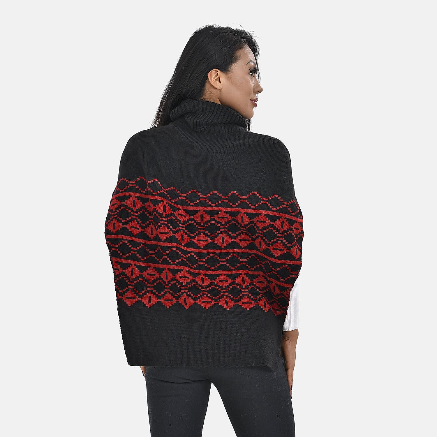 Woven Pattern Roll Neck Sleeveless Jumper (One Size,8-18) - Red & Black