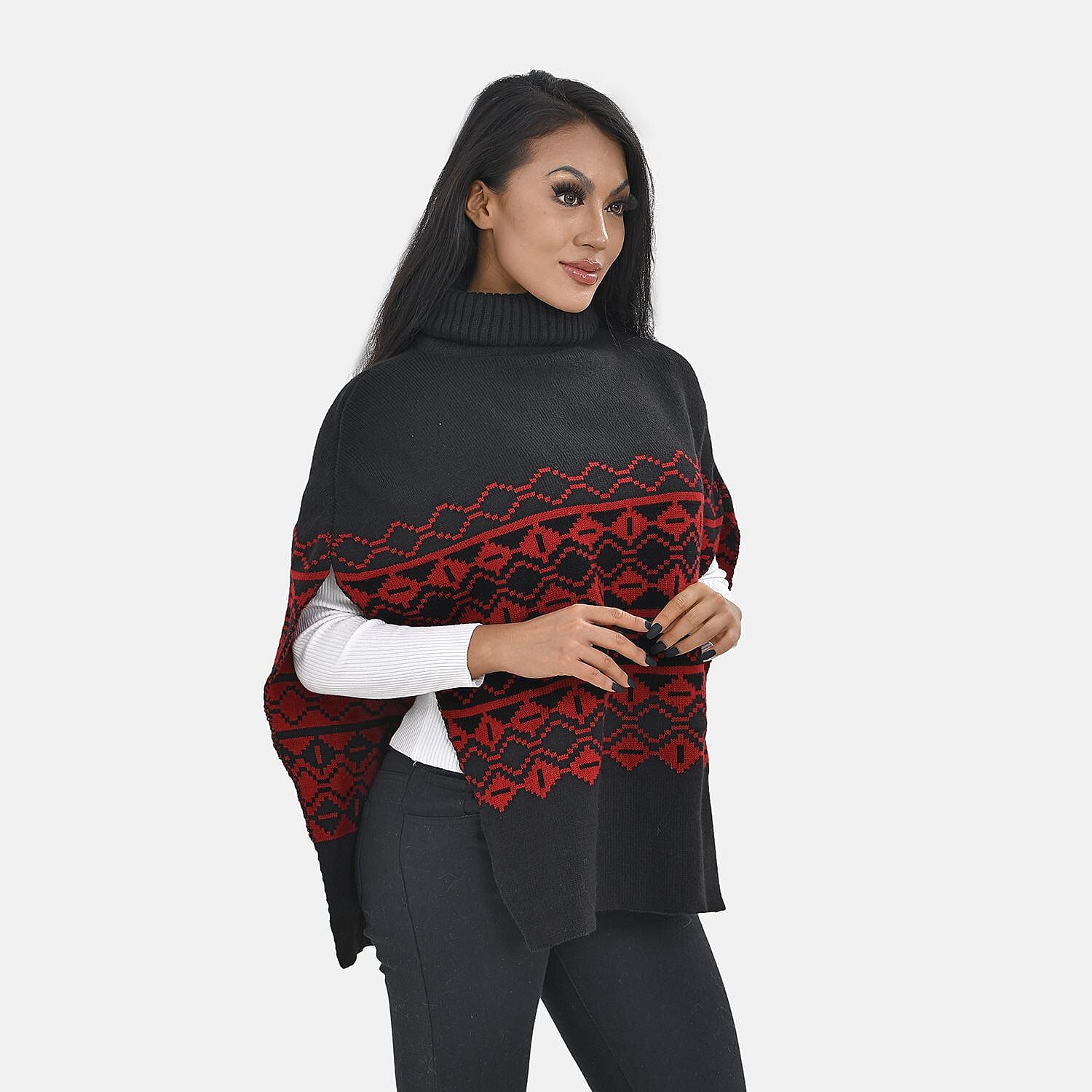 Woven Pattern Roll Neck Sleeveless Jumper (One Size,8-18) - Red & Black