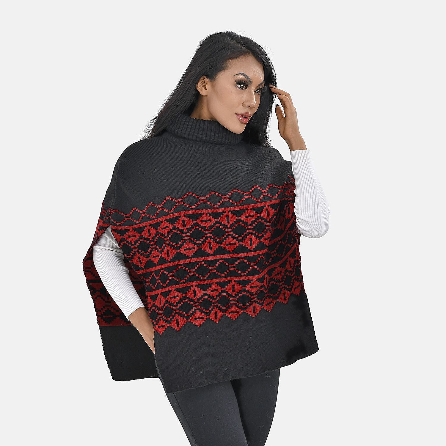 Woven Pattern Roll Neck Sleeveless Jumper (One Size,8-18) - Red & Black