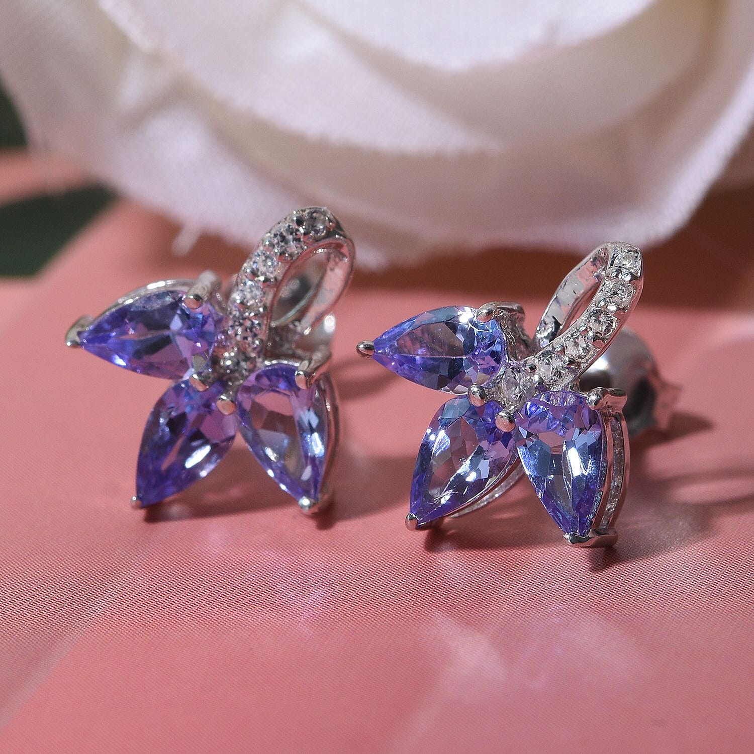 Tanzanite & Natural Zircon Earrings in Rhodium Overlay Sterling Silver 1.40 Ct