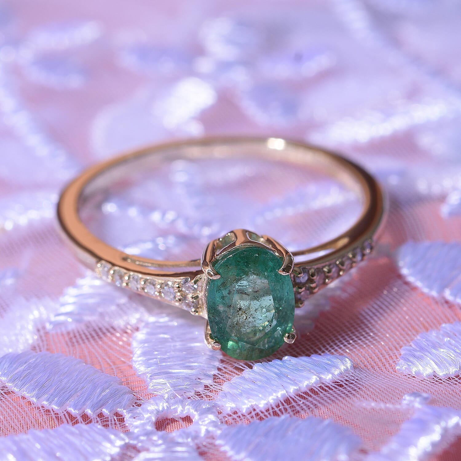 9K Yellow Gold Emerald and Moissanite Ring 1.00 Ct.