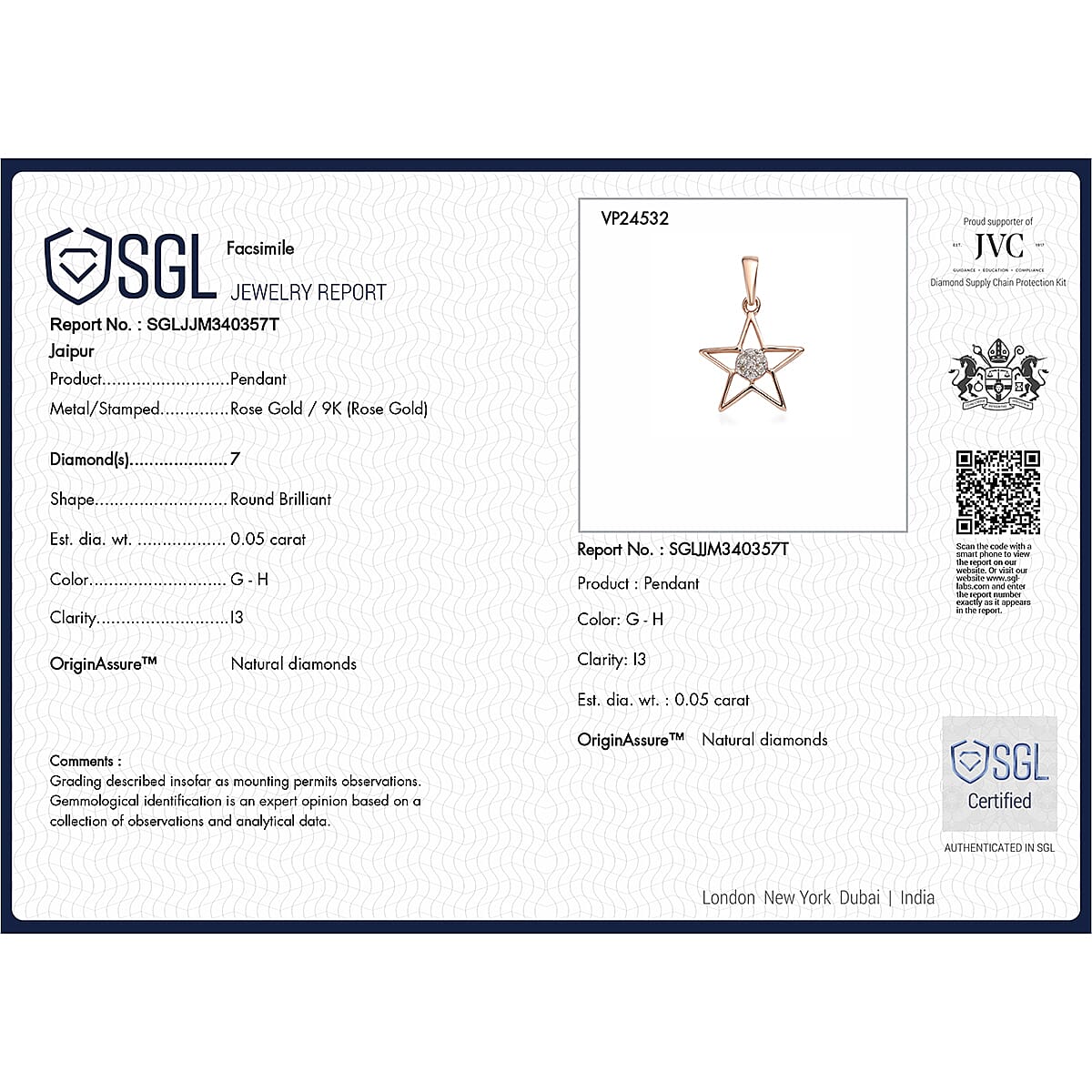 9K Rose Gold SGL Certified Diamond Star Pendant