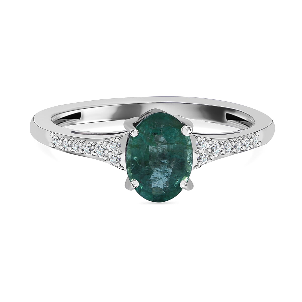 9K White Gold Emerald and Moissanite Ring 1.00 Ct.