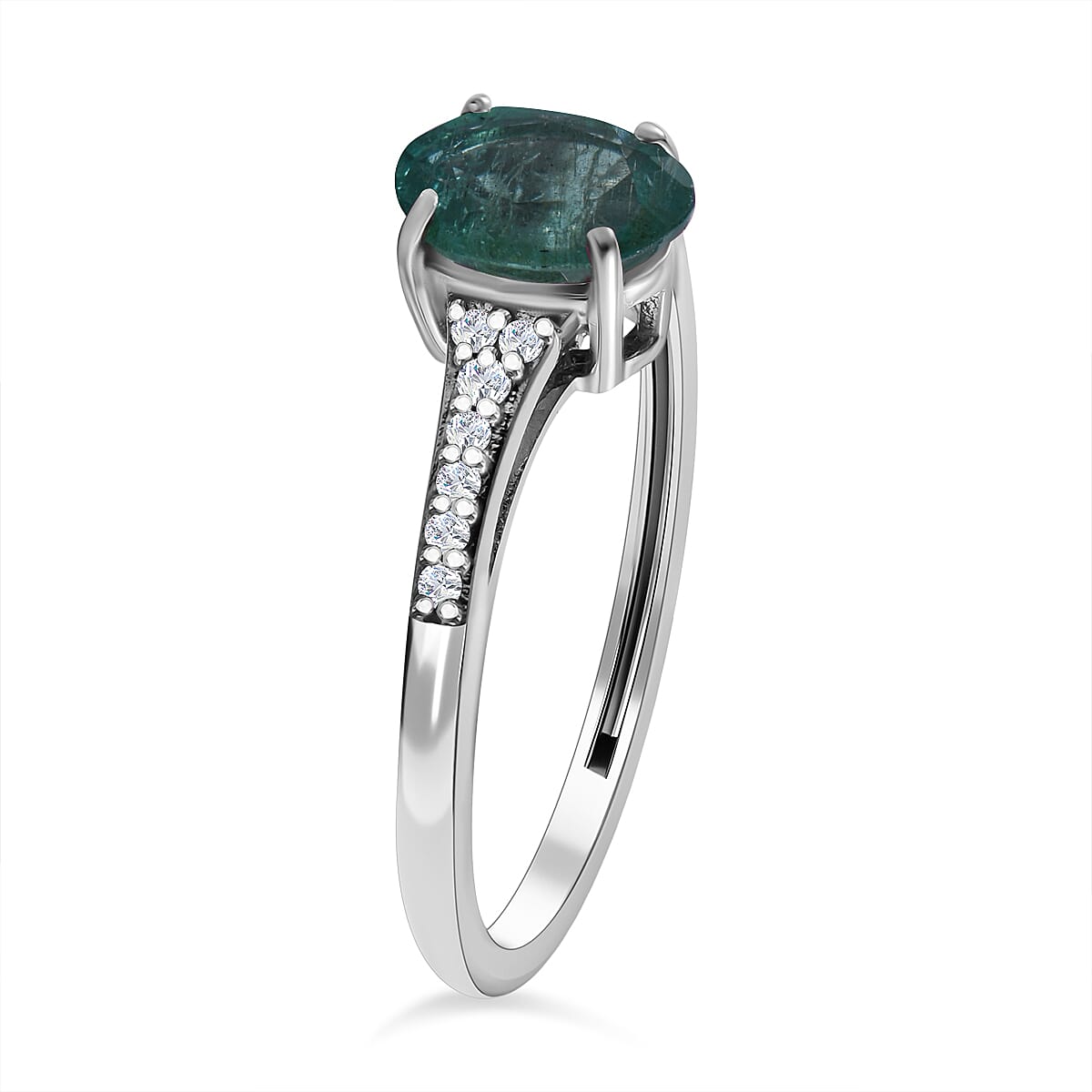 9K White Gold Emerald and Moissanite Ring 1.00 Ct.