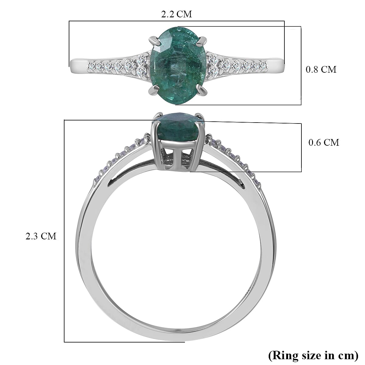 9K White Gold Emerald and Moissanite Ring 1.00 Ct.
