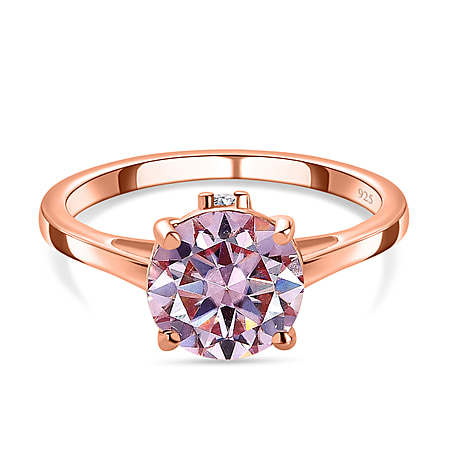 Pink Moissanite and White Moissanite Solitaire Ring in 18K Vermeil Rose Gold Plated Sterling Silver 1.84 Ct.