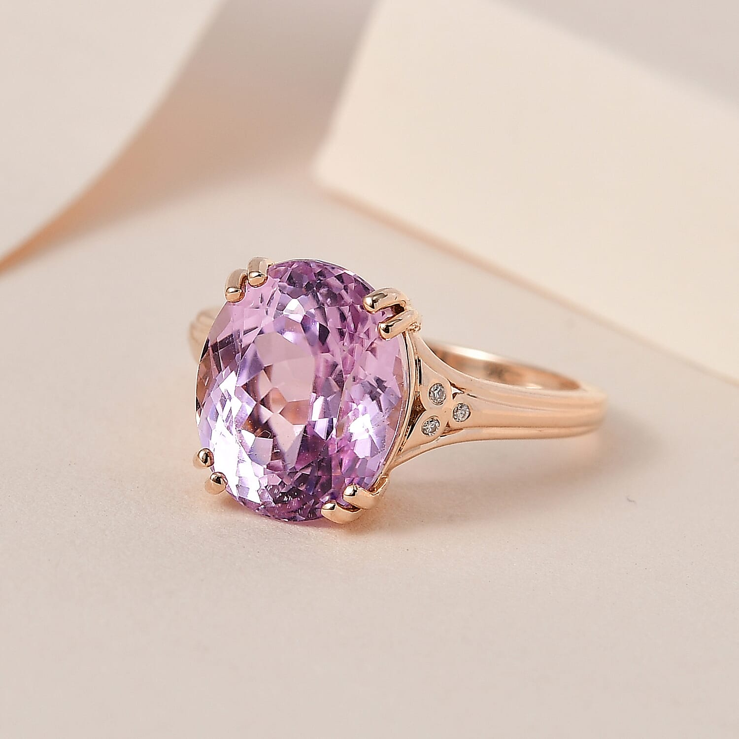 9K Rose Gold Kunzite and Moissanite Ring 6.47 Ct.