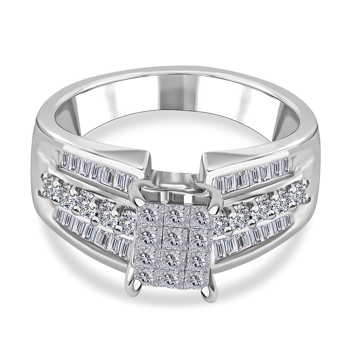 NY CloseOut- 14K White Gold Diamond (SI-GH) Princess Cut Ring 1.00 Ct, Gold Wt. 6.47 GM