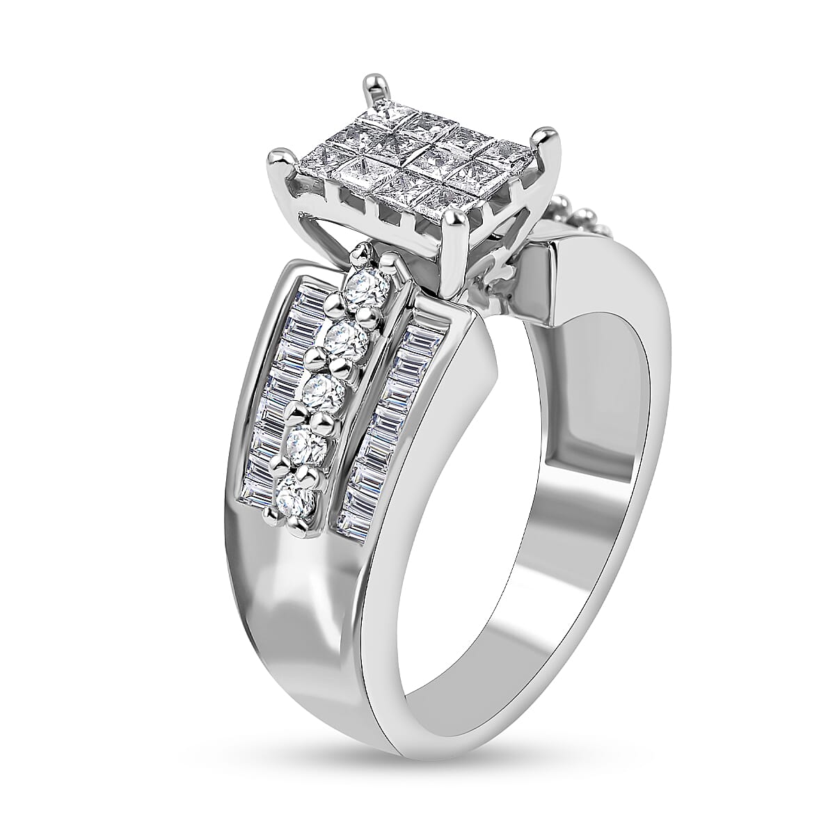 NY CloseOut- 14K White Gold Diamond (SI-GH) Princess Cut Ring 1.00 Ct, Gold Wt. 6.47 GM