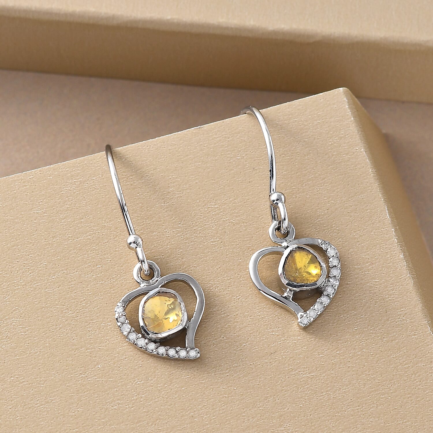 Artisan Crafted Polki Yellow Diamond and White Diamond Earrings (with Hook) in Platinum Overlay Sterling Silver 0.38 Ct.